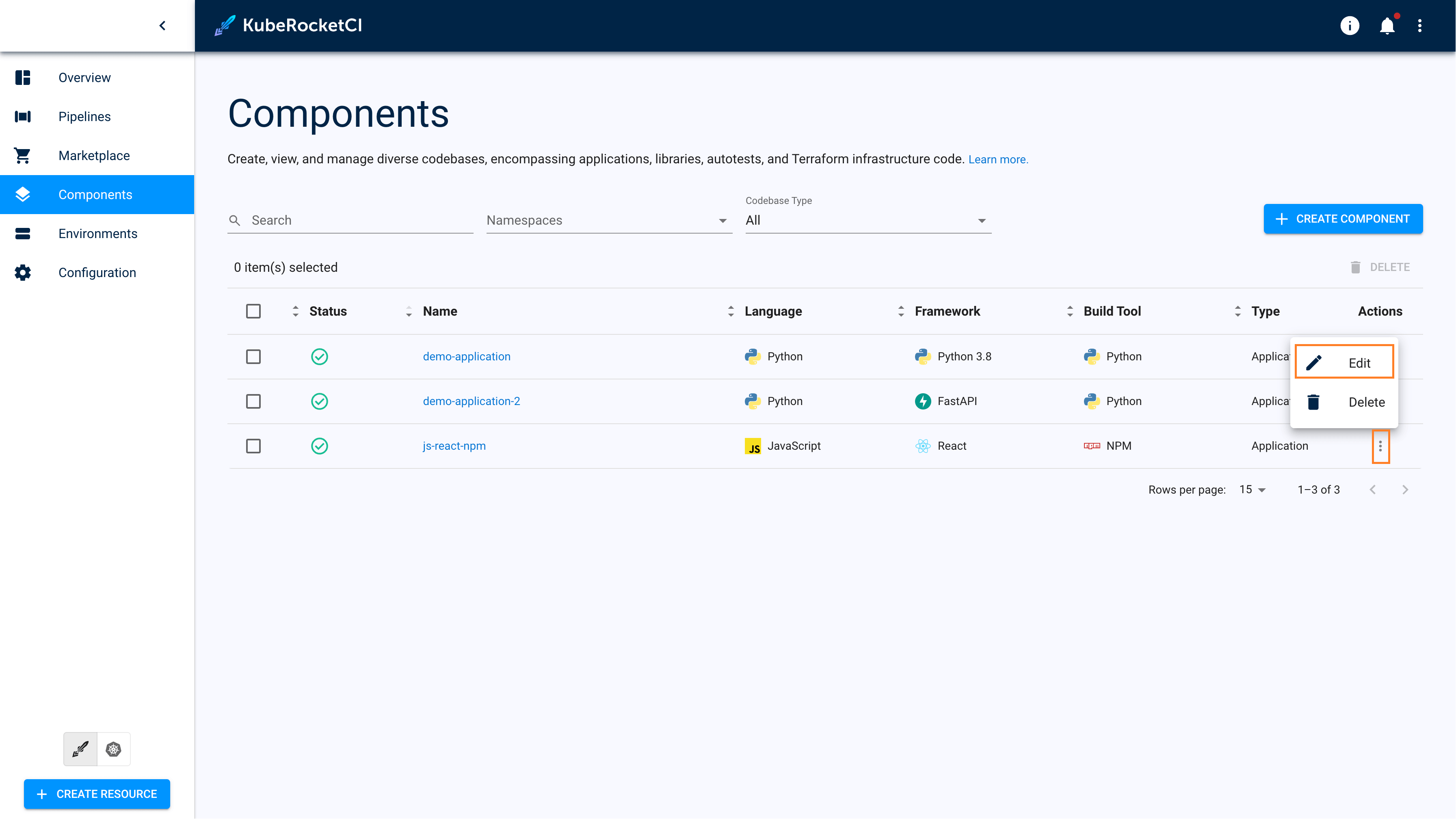 Edit application on the Applications overview page