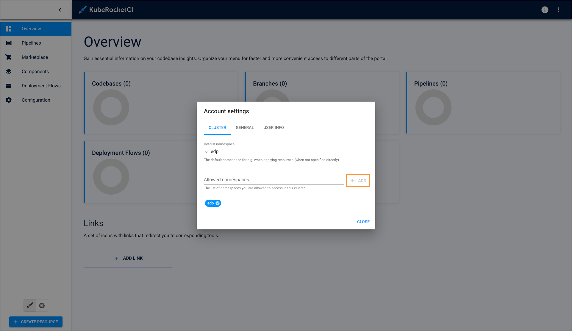 Cluster Settings menu