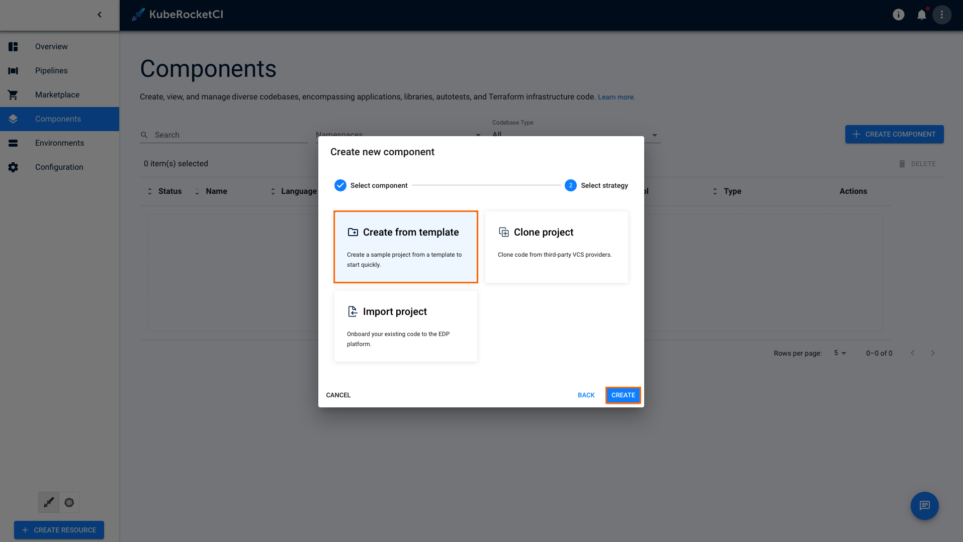 Create new component menu