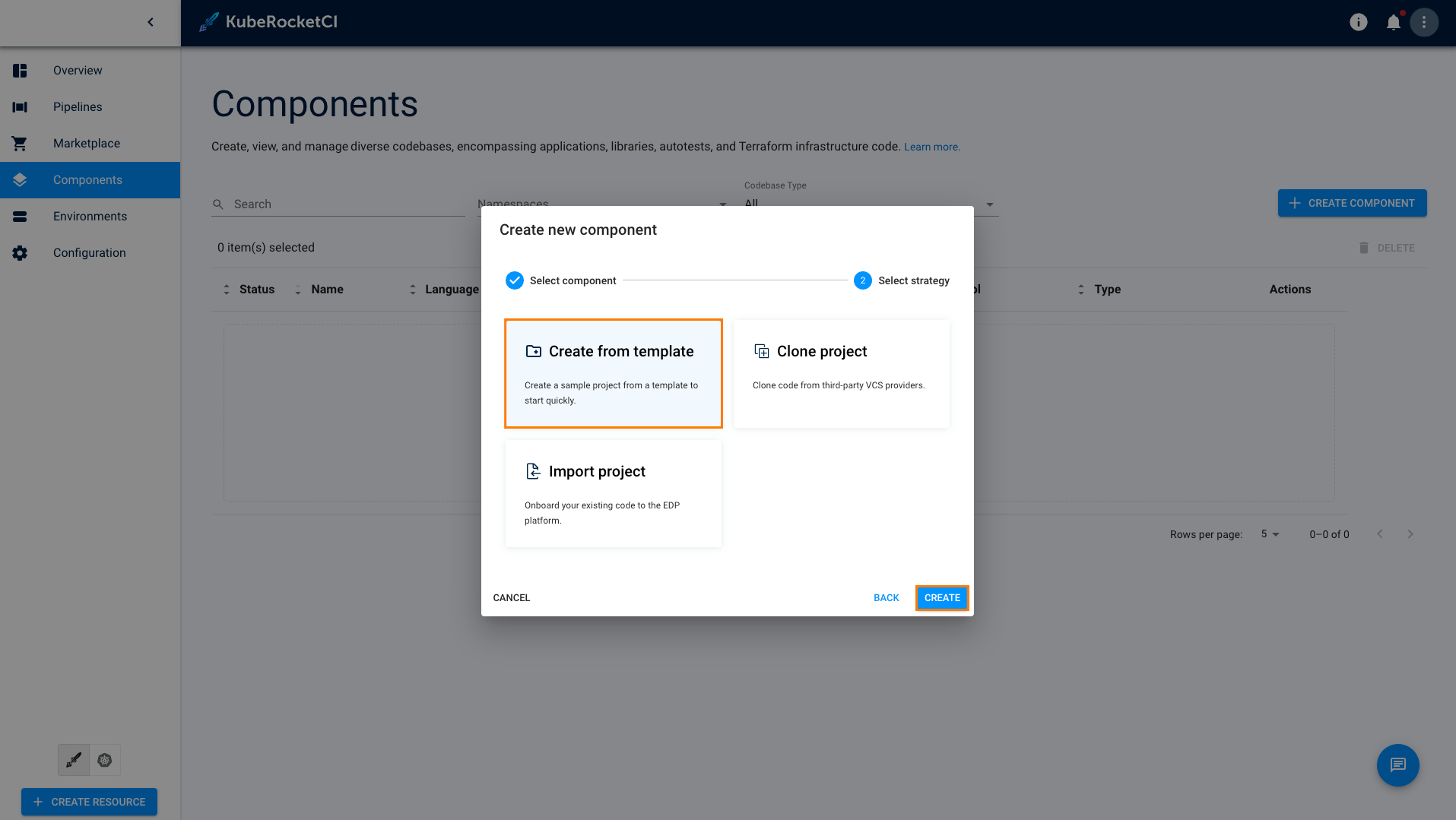 Create new component menu