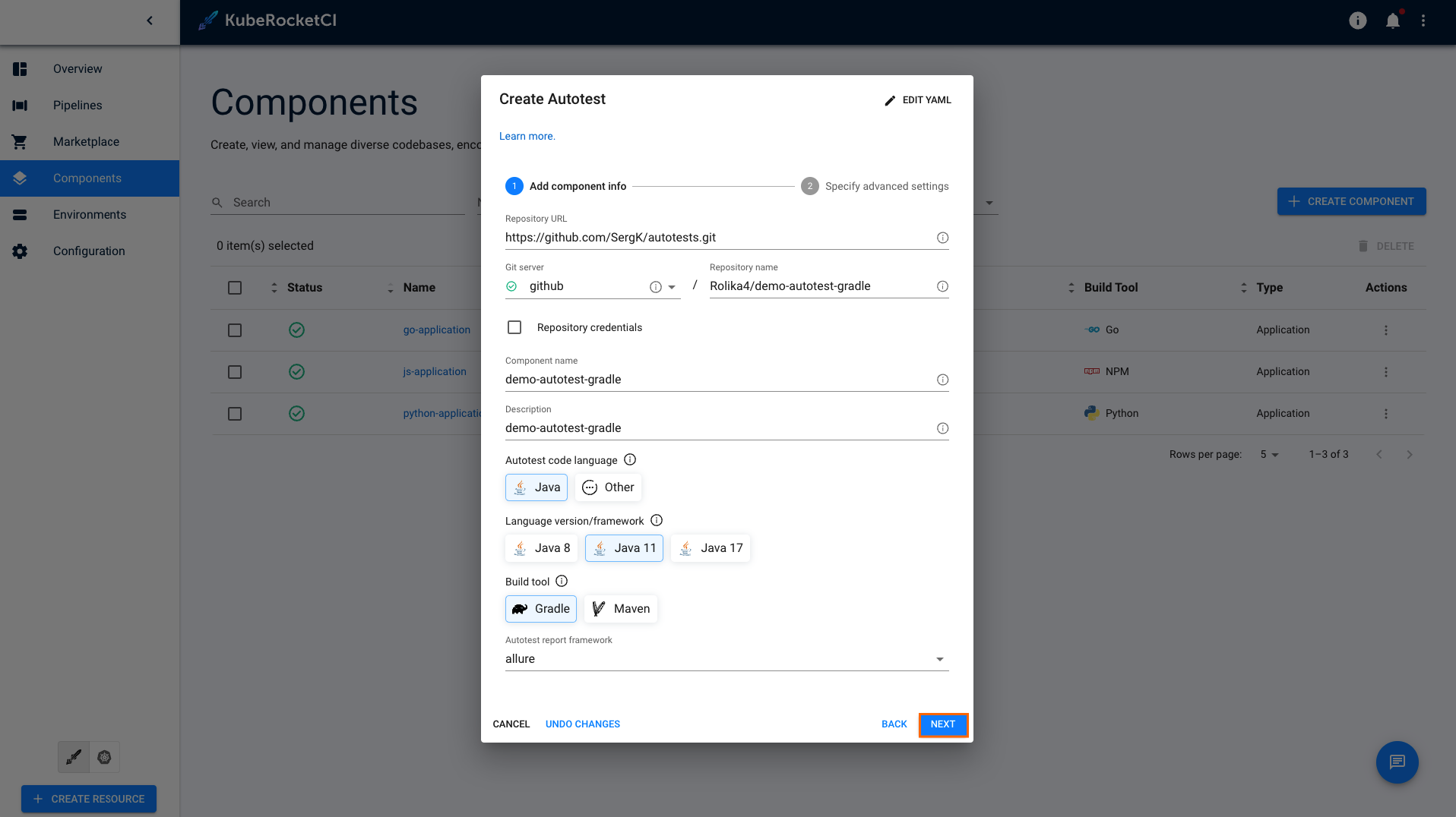 Codebase info tab for autotests