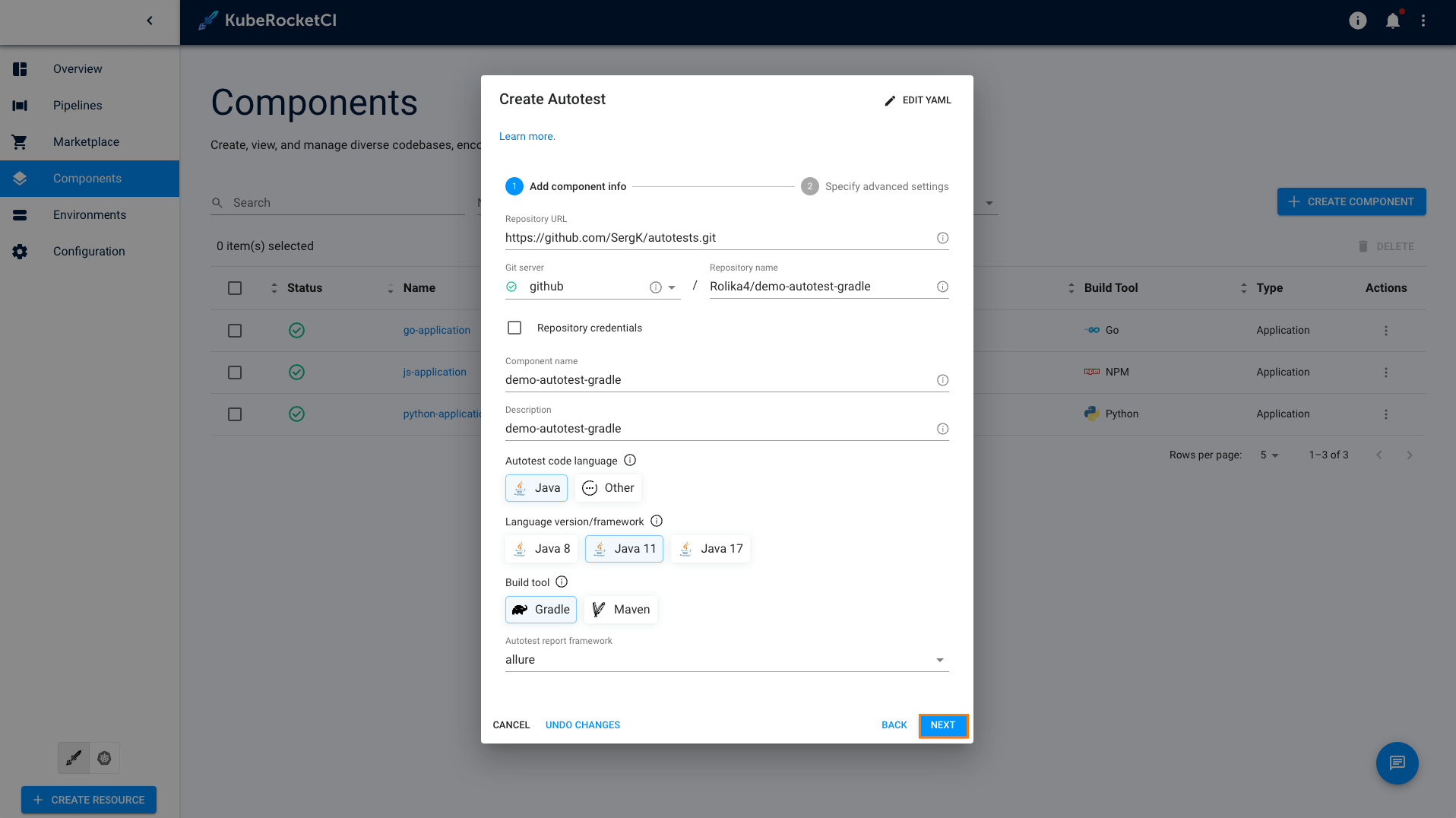 Codebase info tab for autotests