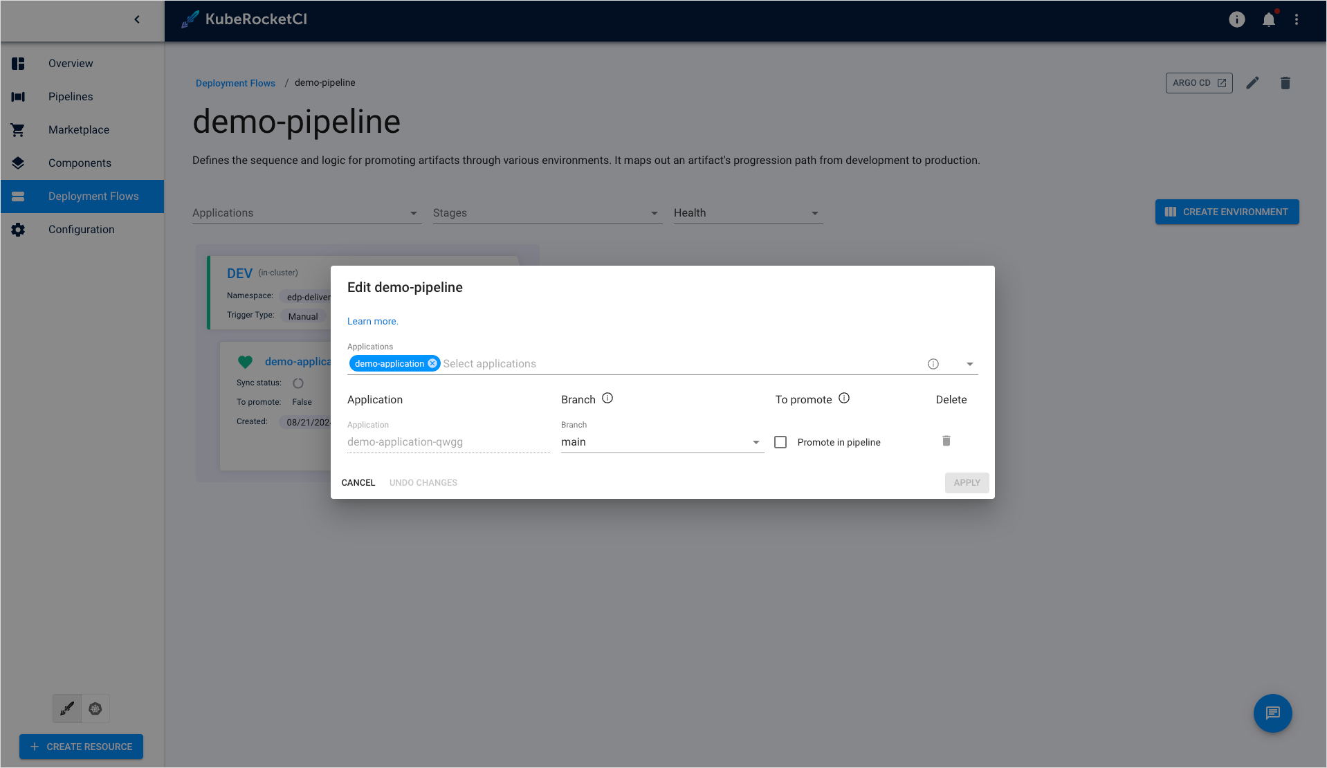 Edit deployment flow dialog