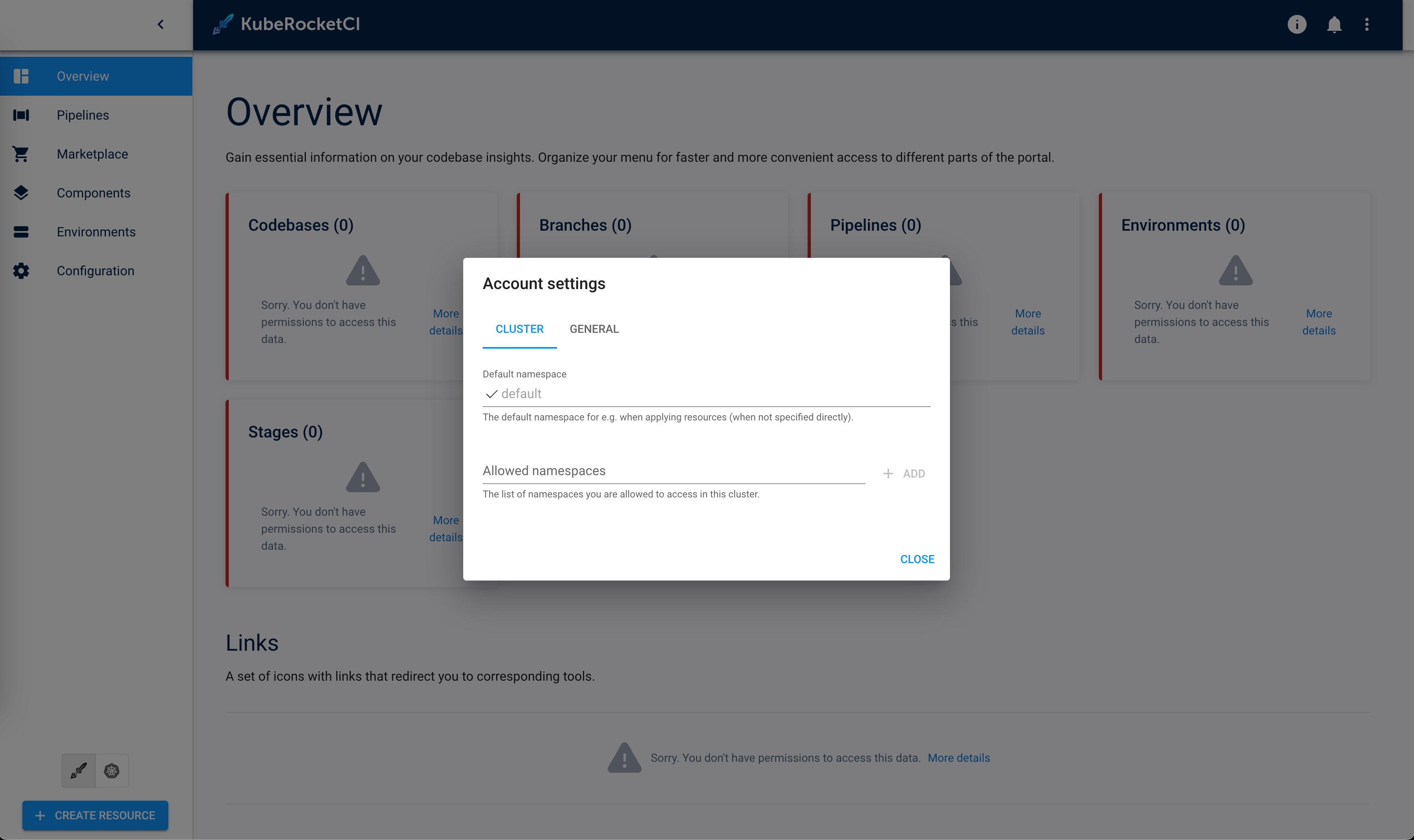 Portal namespace settings