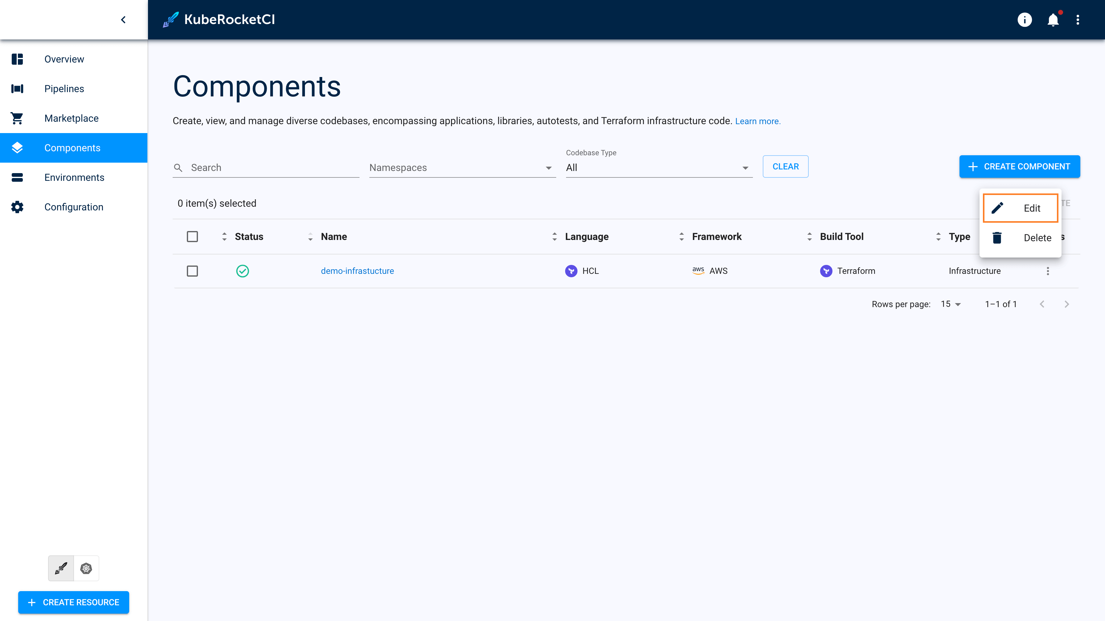 Edit infrastructure on the Infrastructures overview page