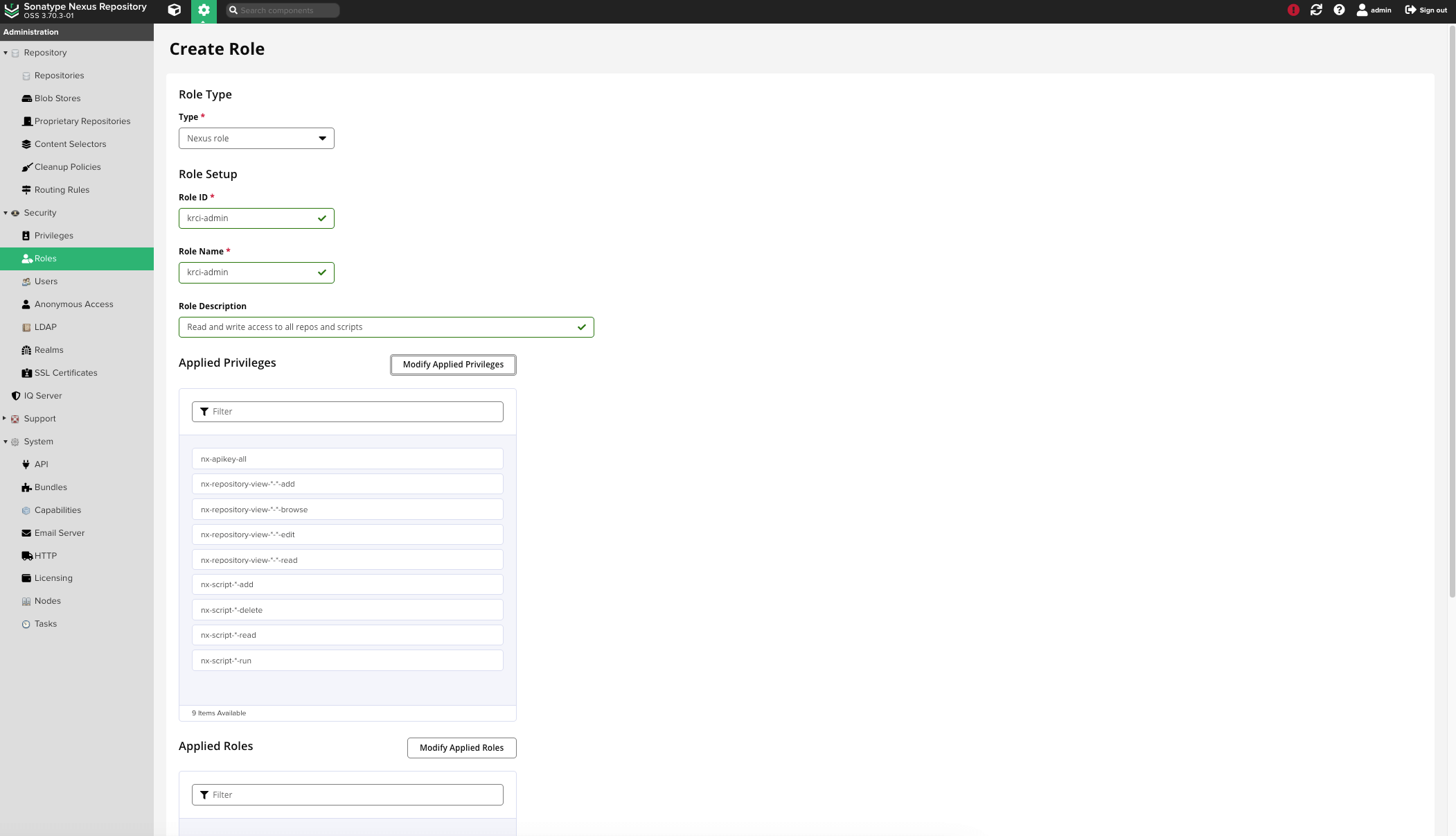 Roles settings