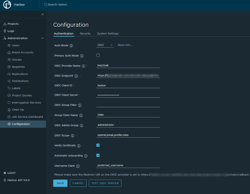 Harbor Authentication Configuration