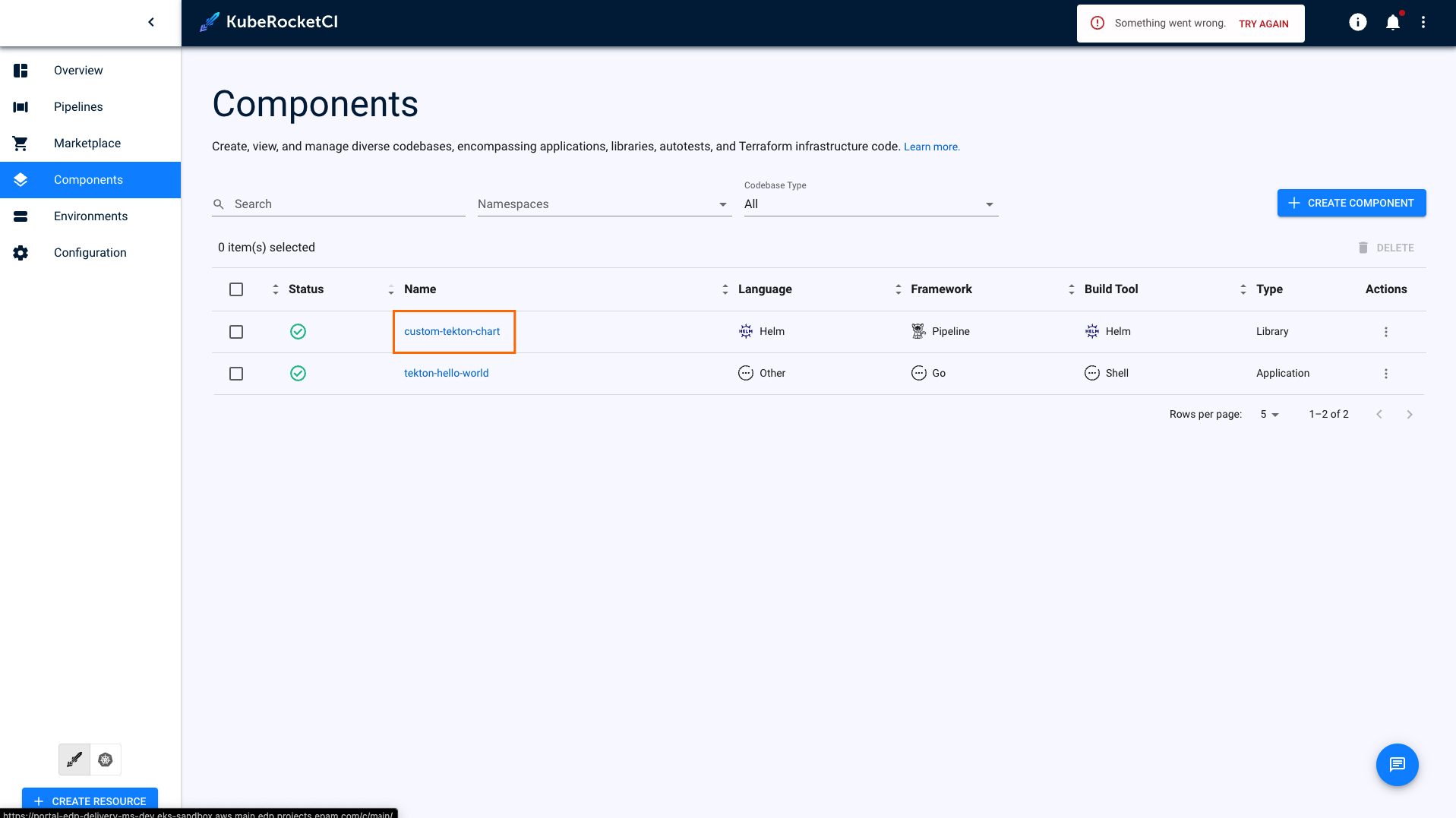 Components overview page